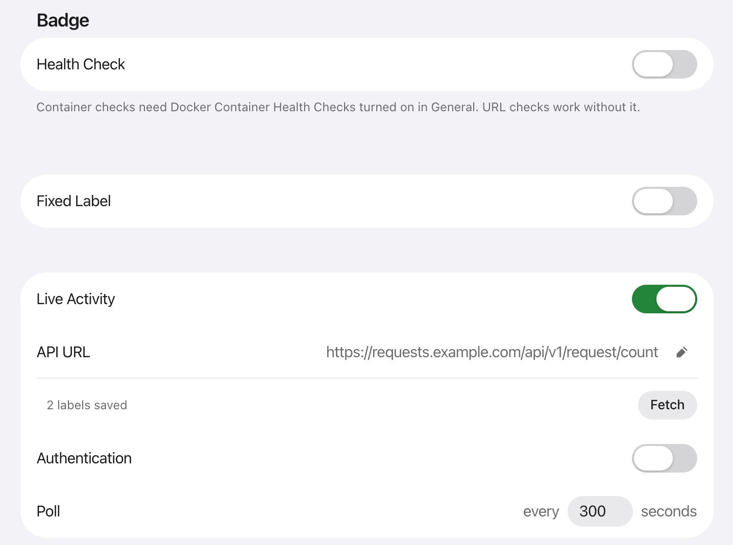 The Badge section of an app: Health Check, Fixed Label and Live Activity