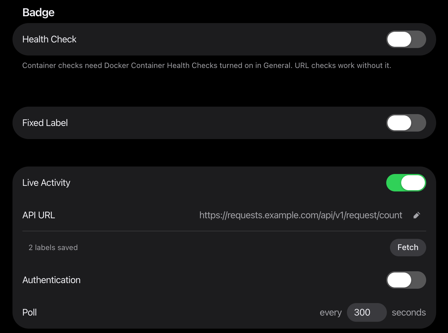 The Badge section of an app: Health Check, Fixed Label and Live Activity