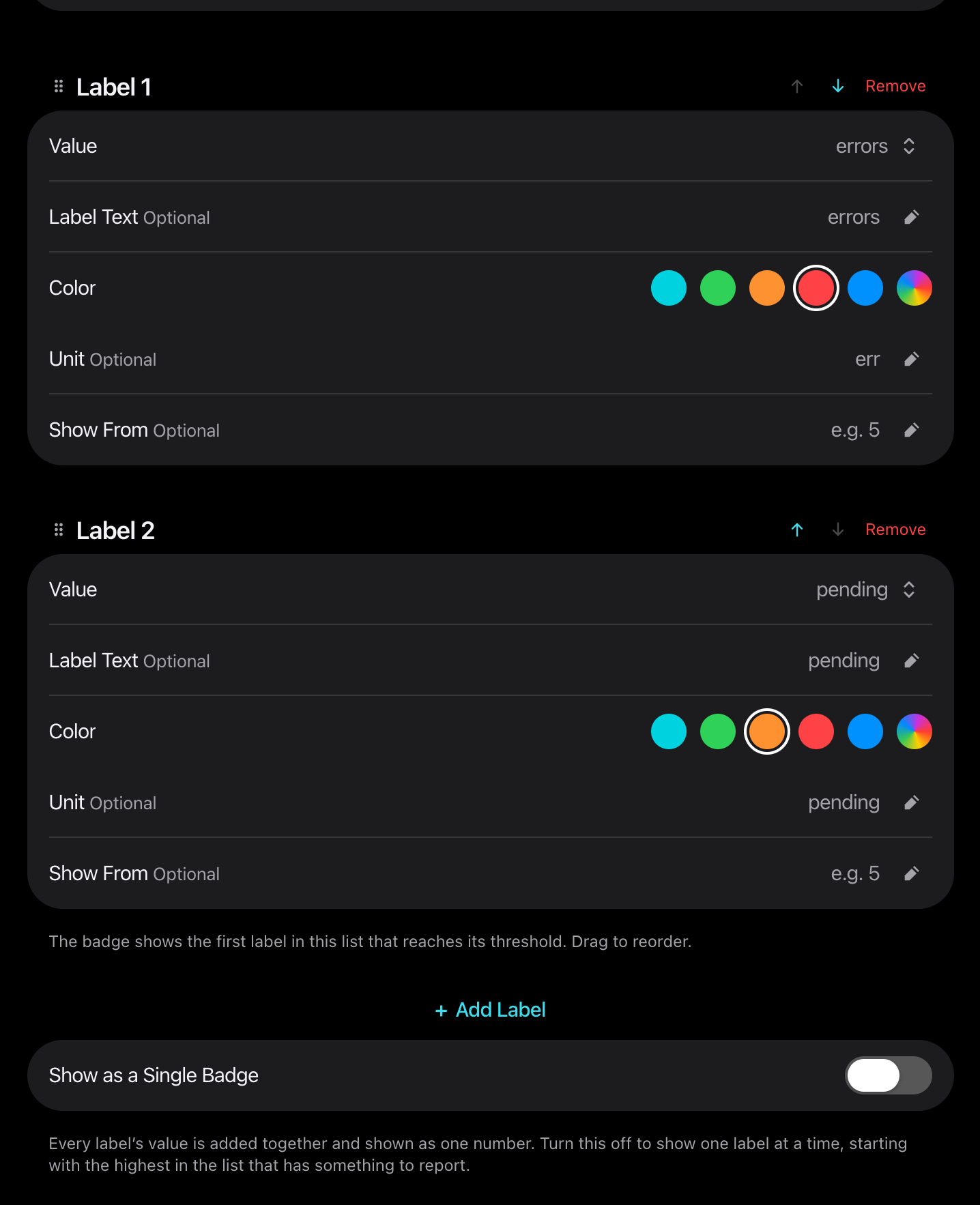 Two labels, each with Value, Label Text, Color, Unit and Show From